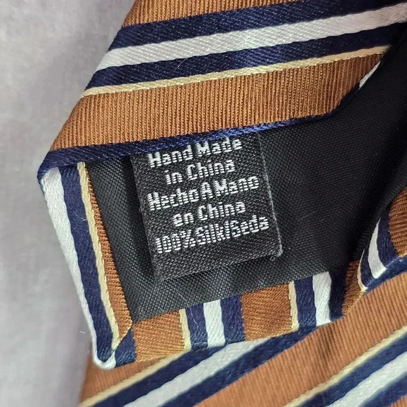 Stafford Performance Brown Blue White Stripe 100% Silk Men's Neck Tie NWOT - Picture 4 of 5